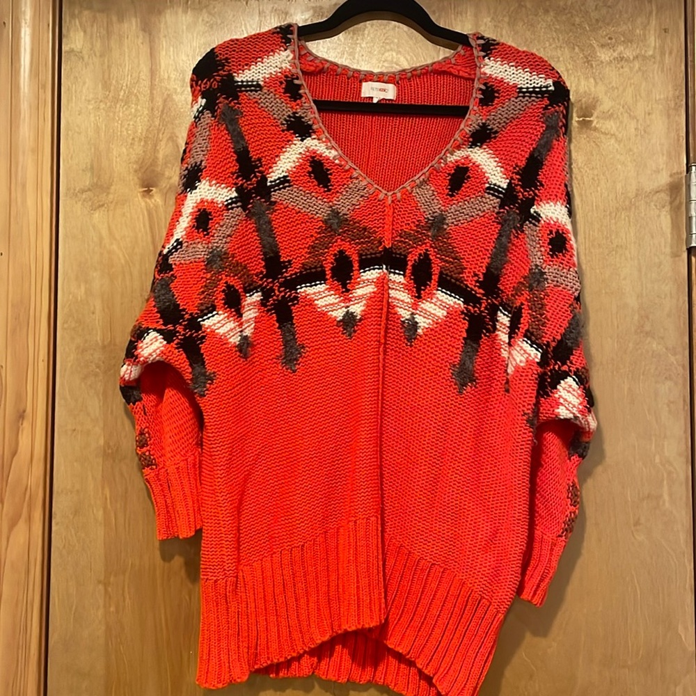 Anthropologie FIETS VOOR 2 CADMIUM GEOMETRY SWEATER Orange Dolman Chunky Sz XL